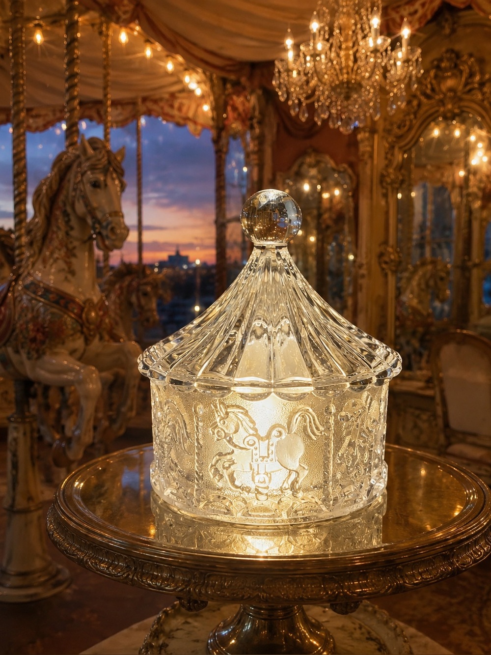 Vintage Goebel Carousel Circus Candy Dish Fairy Lamp Crystal Glass